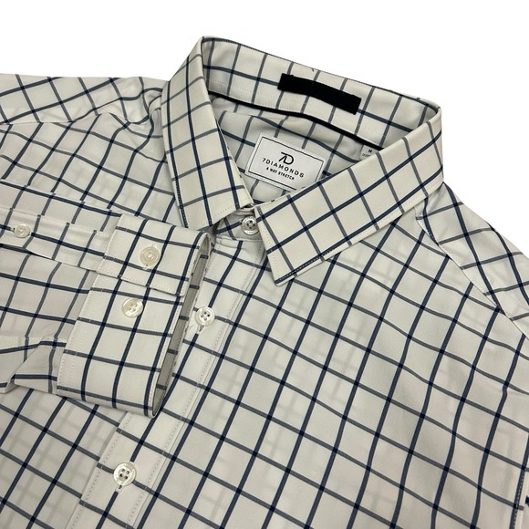 7 Diamonds 4 Way Stretch Shirt Men's Medium White Blue Gingham Plaid Long Sleeve - Picture 1 of 8